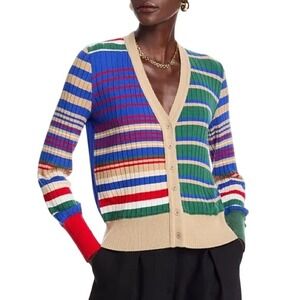 Aldo Martins Talo V Neck Striped Sand Knitted Long Sleeve Cardigan Size L NWT